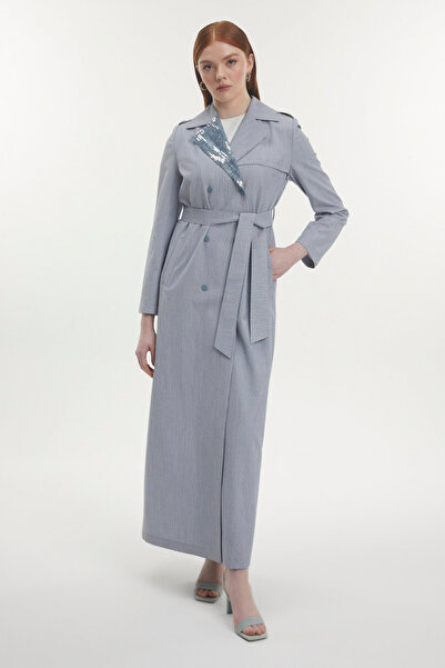 Zühre Yaka Detaylı Kuşaklı Indigo Pardesü 13797