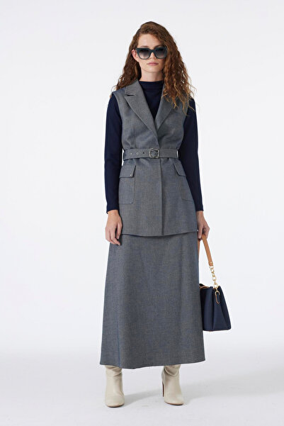 Zühre Kruvaze Yaka Kemer Ve Cep Detaylı Kombin Indigo Takım 1693