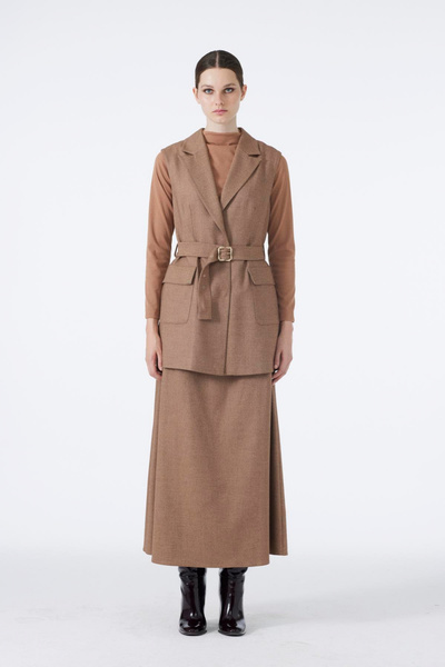 Zühre Kruvaze Yaka Kemer Ve Cep Detaylı Kombin Taba Takım 1693