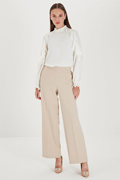 Zühre Bel Lastik Detaylı Bol Paça Kumaş Bej Pantolon P-0102