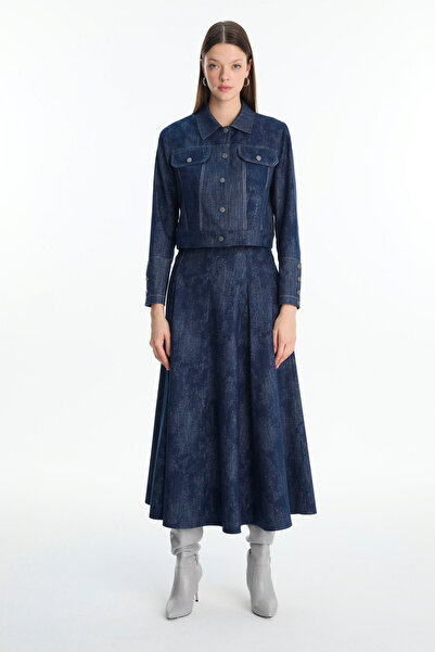 Zühre طقم مكون من قميص وسترة بأزرار وياقة وتنورة باللون الأزرق الداكن 1705