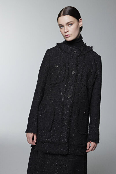 Zühre Tweed Dokulu Cep Detaylı Siyah Ceket 0151