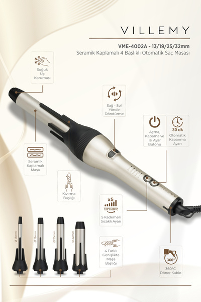 VILLEMY 13Mm–19Mm–25Mm–32Mm Ceramic Coated Automatic Curling Iron – Direction...