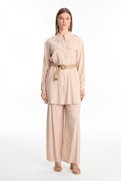 Zühre Shirt Collar Belted Double Beige Suit 1550