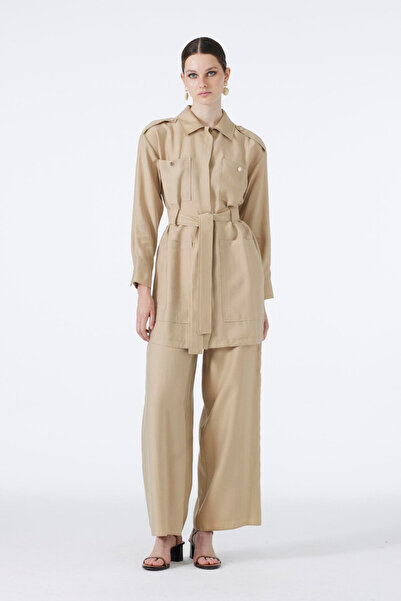 Zühre Kuşaklı Cep Detaylı Kombin Bej Takım 1260