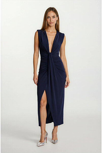 Spazio Onisto Omuz Pileli Önü Derin V Uzun Abiye Elbise LACİVERT