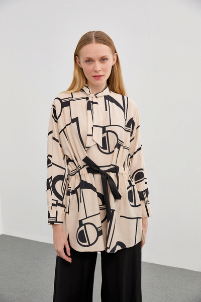 Zühre Desenli Fular Yaka Ikili Bej/Siyah Takım 0701