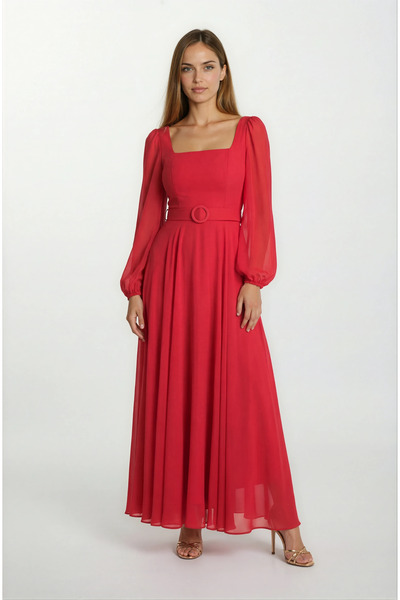Spazio Pannofino U Yaka Kloş Kemerli Uzun Abiye Elbise KIRMIZI