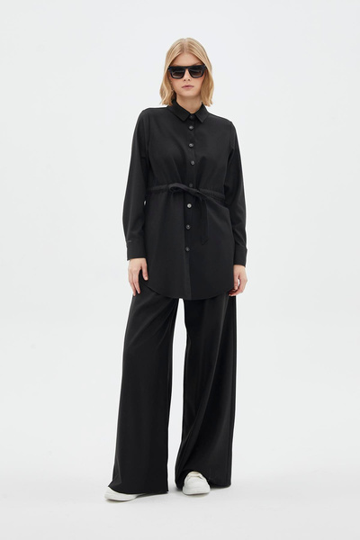 Zühre Düğmeli Bel Bağlamalı Siyah Tunik 1508