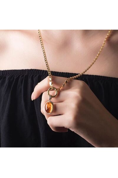 Sembol Gold Pullu Zincir Kehribar Altın Kolye Madalyon