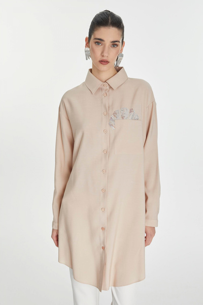 Zühre ياقة القميص وجيب بأزرار وتفاصيل سترة بيج 1576