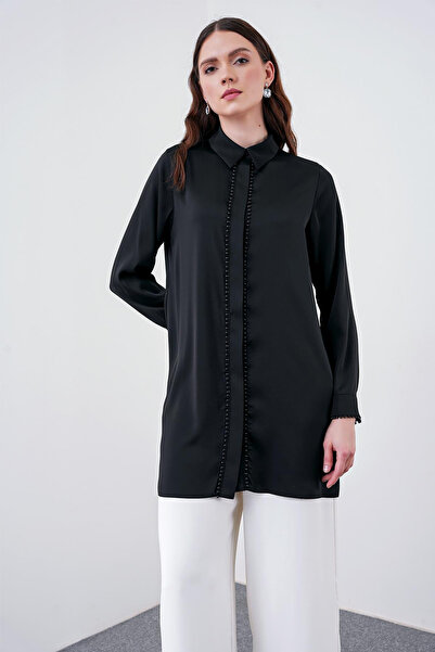 Zühre Boncuk Işlemeli Gömlek Yaka Siyah Tunik 1484