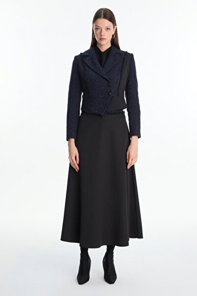 Zühre Tweed Desenli Ceket Etek Ikili Siyah Takım 1661