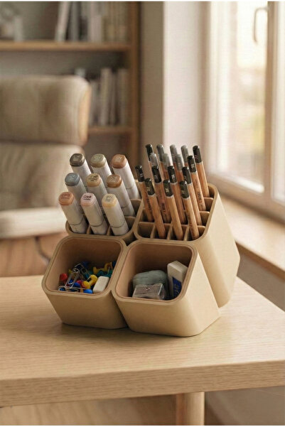 Puffin Design Grid Bölmeli Modüler Kalemlik Organizer (Bej Renk)