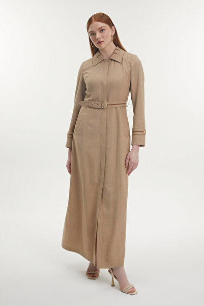Zühre Gömlek Yaka Kuşaklı Koyu Bej K.Bej Pardesü 13815