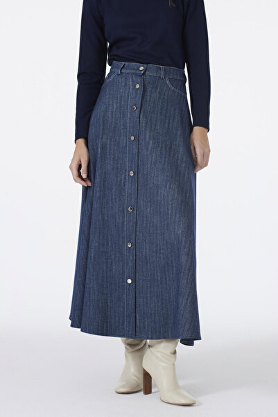 Zühre Düğme Detaylı Etek Lacivert 0201