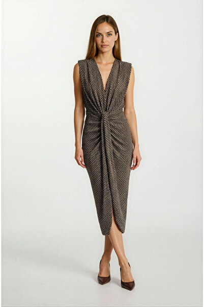 Spazio Finsches Omuz Pileli Önü Derin V Taşlı Uzun Abiye Elbise KAHVE