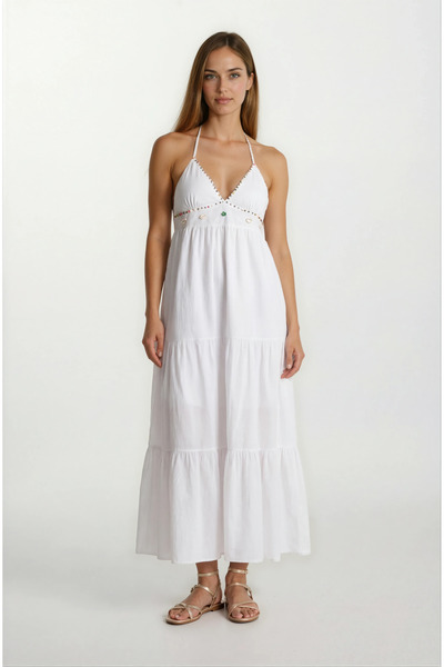 Spazio Donnelly V Yaka Boyundan Bağlamalı Boncuk Detaylı Elbise EKRU