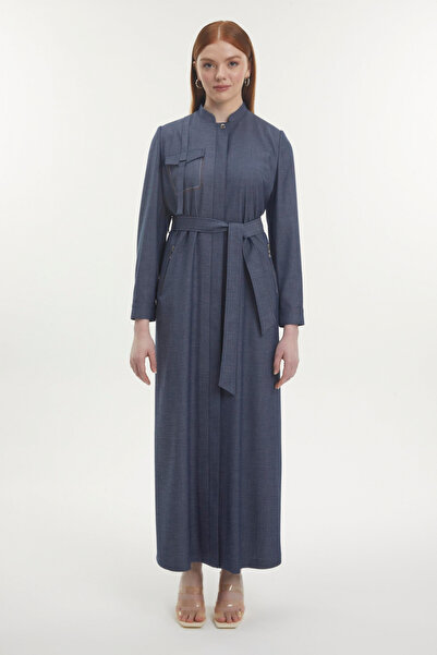 Zühre Hakim Yaka Kuşaklı Fermuar Cepli Indigo Pardesü 13773