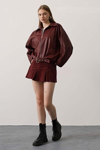 CKM MODA Jachetă bomber cu detalii de curea, model crocodil, roșie