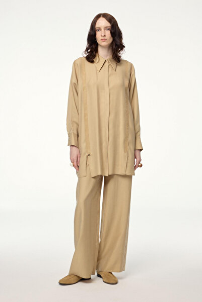 Zühre Stripe Stone Detailed Double Beige Set 1532