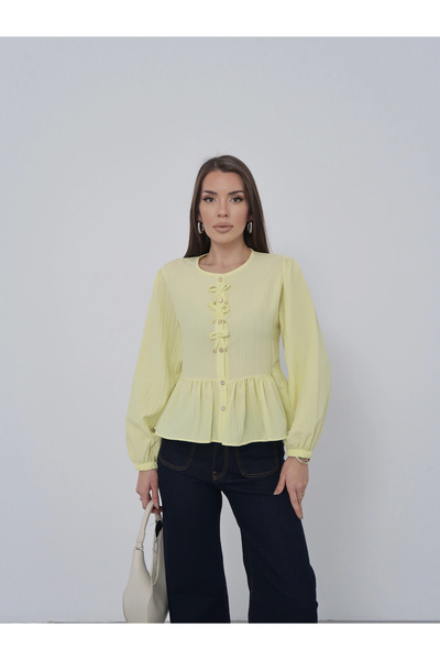 Lusin Women's Lemon Yellow Bow Detailed Buttoned Long Sleeve Shirt Blouse