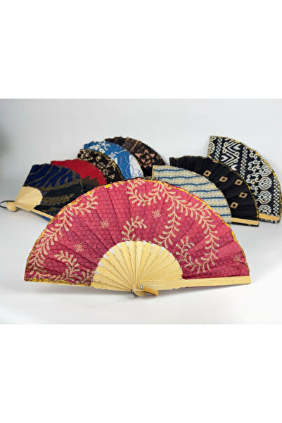 bakgelal Vintage El Yapımı Bambu Saplı Kumaş (M Boy) Yelpaze, Renkli ve Batik...