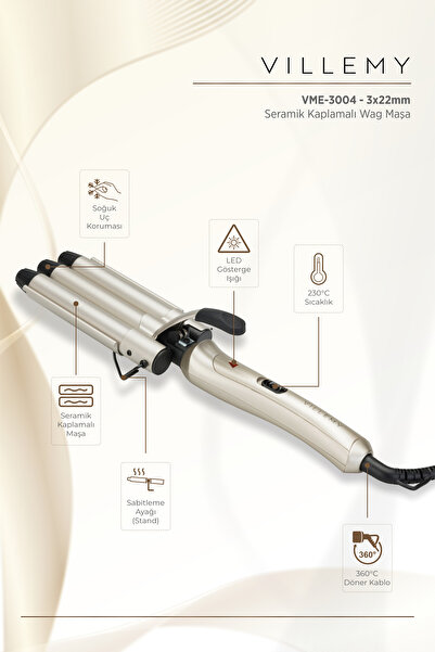 VILLEMY 3X22 mm Ceramic Coated Wag & Water Wave Hair Curler – Professional Wa...