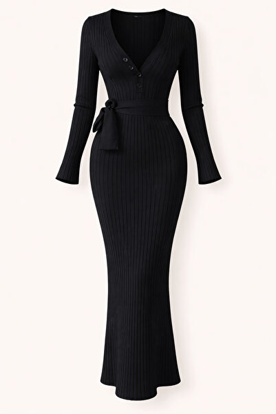 LİLOYA Μαύρο πλεκτό φόρεμα με λεπτομέρεια σε σχήμα V και ζώνη
