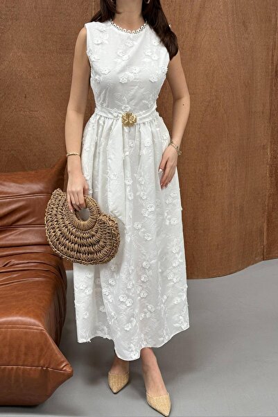 Julidress Premium Design Linen Dress with White Embroidery and 3D Floral Patt...