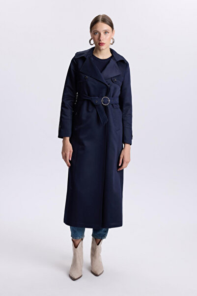 Zühre Kapüşonlu Düğme Detaylı Lacivert Trençkot 13533