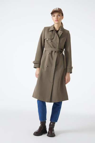 Zühre Shirt Collar Belted Khaki Trench Coat 13751