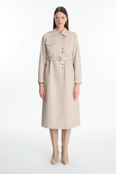 Zühre Gömlek Yaka Kemer Detaylı Deri Taş Trençkot 13823