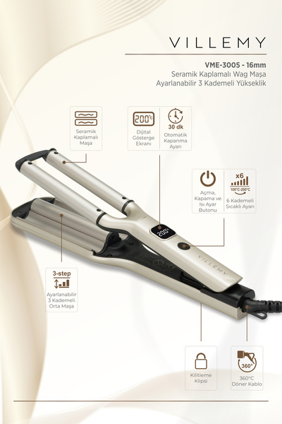 VILLEMY 16 mm Ceramic Coated Wag Hair Curler – 3 Setting Professional Wave -V...