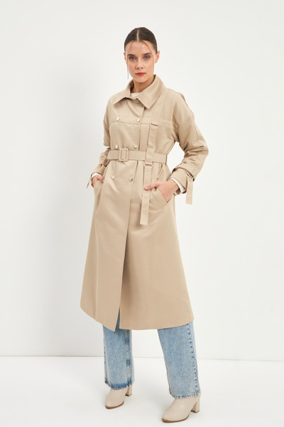 Zühre Kemerli Kol Detaylı Bej Trençkot 13538
