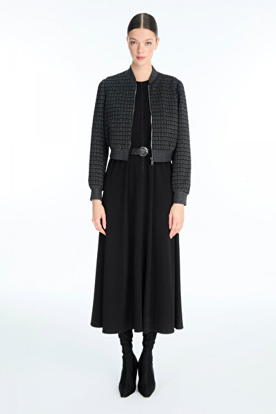 Zühre Desenli Bomber Ceket Elbise Ikili Takım Siyah 1662