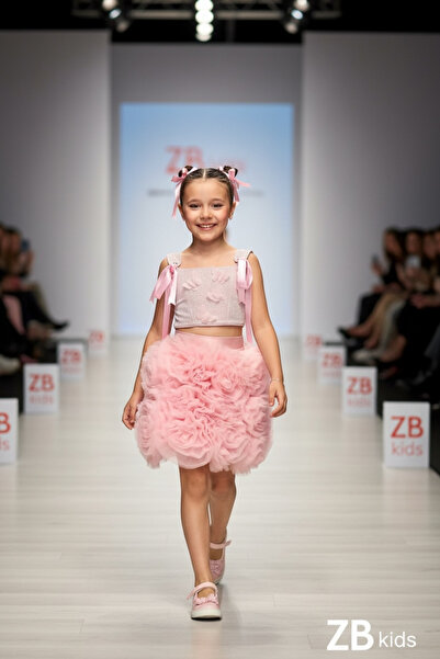 zühre balaban Pink Crop Skirt with Butterfly Details, Evening Dress for Girls