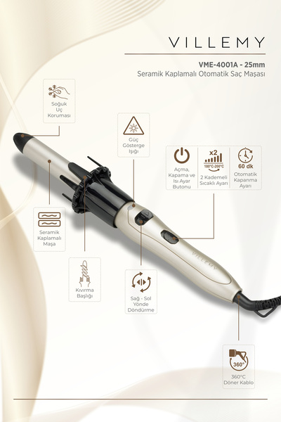 VILLEMY 25mm Ceramic Coated Automatic Curling Iron – Direction Switch Thick W...
