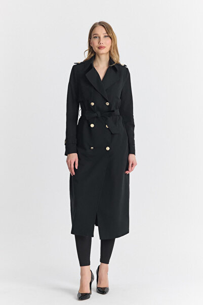 Zühre Kruvaze Yaka Işleme Detaylı Siyah Trençkot 13736