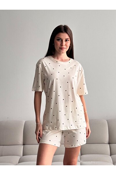Trendalya طقم بيجامة قطنية 100% بأكمام قصيرة وشورت بنقشة قلب