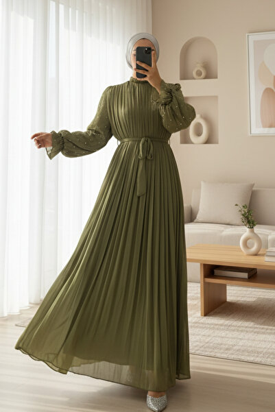 HİJABAYA Еластична ръкав Роза брошка Колан Janjan Шифон Вечерна рокля