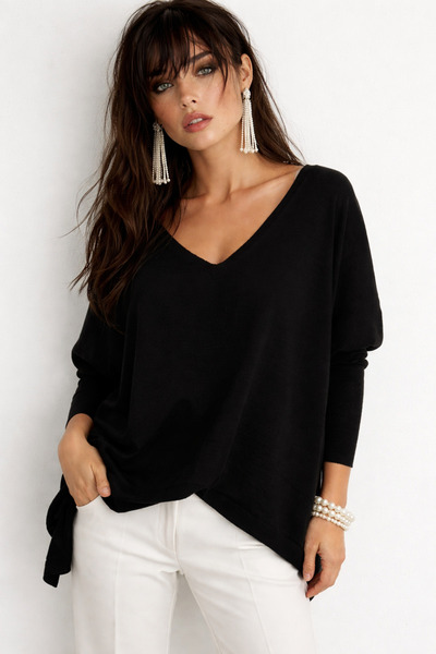 Be Best بلوزة نسائية سوداء فضفاضة بياقة على شكل حرف V BE285
