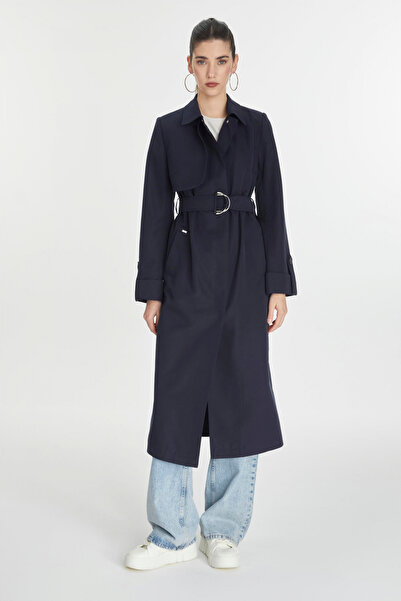 Zühre Gömlek Yaka Kemerli Kol Detaylı Lacivert Trençkot 13723