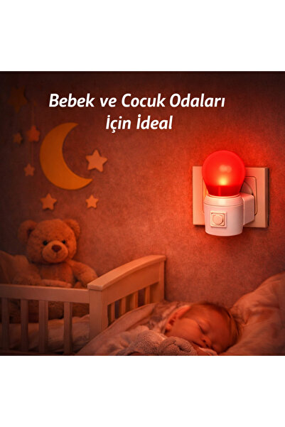 Led Açma Kapama Anahtarlı Duy Fişli + 1w Tasarruflu Renkli E27 Led Gece Lambası Kırmızı Işık 2 Adet
