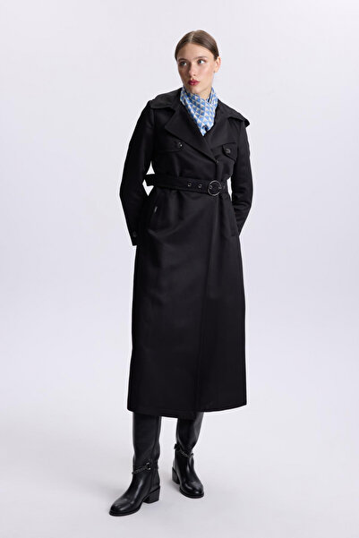 Zühre Kapüşonlu Düğme Detaylı Siyah Trençkot 13533