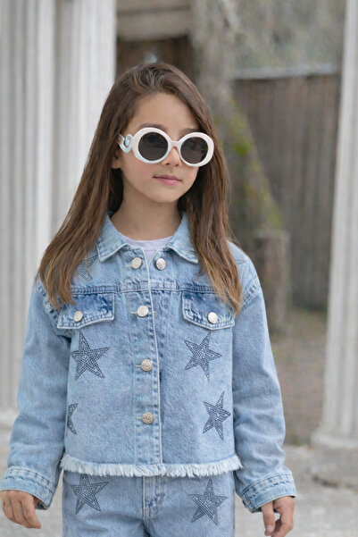 DUDOR KİDS Kız Çocuk Taşlı Yıldızlı Kot Ceket-Jeans Ceket/Kot Mont-Jeans Mont...