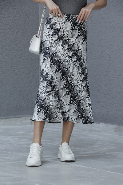 Julishop تنورة من قماش الفيسكون بنقشة الثعبان بطول متوسط مع خصر مطاطي من السا...