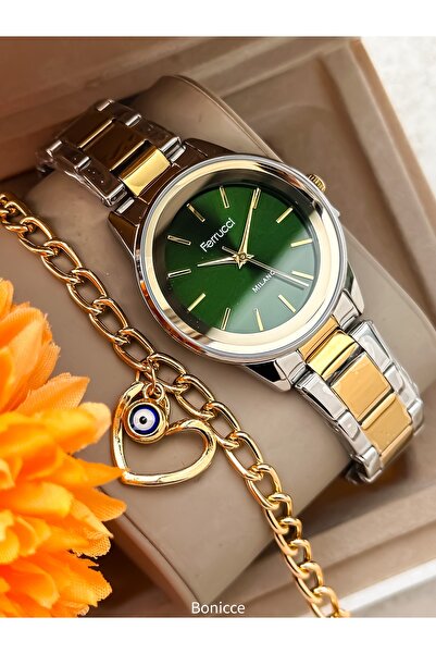 Ferrucci Çelik Kordon Gri Sarı Renk, Su Geçirmez, Garantili, Yeşil Kadran Kad...