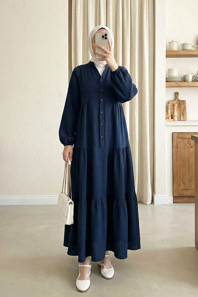 MODAQU Rochie lungă din muselină cu mâneci elastice și inserții - Bleumarin