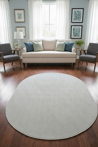 Raschel Carpet Premium Oval Yıkanabilir Leke Tutmaz Yaprak Emboss Açık Gri Öz...